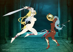 2girls areolae ass battle blue_eyes breasts castle couple curvy dark_forest dark_skin female female_only female_with_female fight fighting human jessica_elwood large_ass large_breasts matypup mostly_nude multiple_girls nipples nude polearm red_eyes shield sword tattoo trident unconvincing_armour warrior weapon yuri