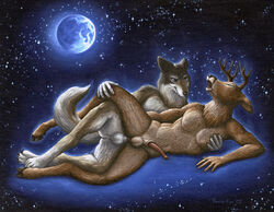 2002 anal anal_sex anthro balls canine canine_penis cervine closed_eyes couple deer eyes fur furry furry_only gay hooves horns male navel no_humans open_mouth outer_space penetration penis plantigrade sex sheath star tail taurin_fox tongue wolf