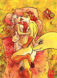 2009 anthro anus ass breasts brown canine closed_eyes couple cum cum_in_ass cum_in_pussy cum_inside digitigrade female fox fur furry kio_(keovi) kissing male messy nipples nude on_side outside penetration penis picnic pussy romantic sex sideboob straight tail vaginal_penetration yellow yuki-chi