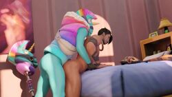 2boys 3d anal anal_sex animated anthro bareback beard_stubble bed_movement big_butt big_penis blue_skin bottomless brown_hair cartoony edit erection eyes_rolling_back facial_hair fortnite fortnite:_battle_royale from_behind gay golden_earrings golden_neckwear horn human llambro_(fortnite) male male/male male_only male_penetrating_male mane muscles muscular_male nude_male open_mouth penis pinata pounding rainbow_hair randomonimusxd raz_(fortnite) sound sound_edit swinging_balls tattoos turning_around unicorn_horn veiny_penis vest_only video yaoi