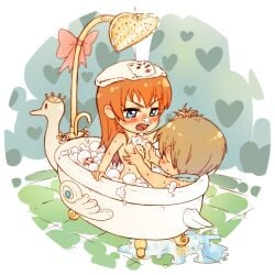 1boy 1girls aged_up annoyed bath bathing bathroom bathtub blue_eyes blush breast_grab breast_squish brown_hair chibi cleavage completely_nude embarrassed faceless_male female gintama groping hair_down hair_grab hi_res kagura_(gintama) long_hair male nude okita_sougo oklaomei orange_hair soap soap_bubbles towel_around_neck towel_on_head