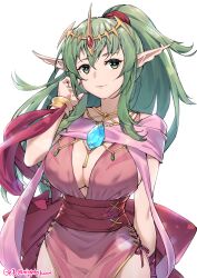 1girls adapted_costume alternate_costume bangs breasts cleavage dragonstone dress female female_only fire_emblem fire_emblem:_mystery_of_the_emblem fire_emblem:_shadow_dragon_and_the_blade_of_light fire_emblem_awakening fire_emblem_heroes ge-b gebyy-terar green_eyes green_hair hair_ornament hair_ribbon highres jewelry large_breasts long_hair looking_at_viewer nintendo official_alternate_costume older open_mouth pink_dress pointy_ears ponytail ribbon short_dress sideboob smile solo stone tiara tiki_(adult)_(fated_divinity)_(fire_emblem) tiki_(adult)_(fire_emblem) tiki_(fire_emblem) tiki_(young)_(fire_emblem) tiki_(young)_(fire_emblem)_(cosplay)