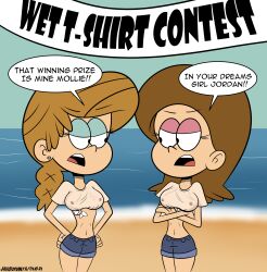 2girls beach girl_jordan javisuzumiya jean_shorts mollie_(the_loud_house) multiple_girls shorts text_bubble the_loud_house wet_shirt