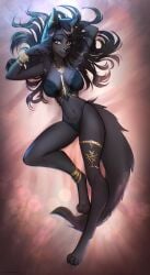 1girls agardia_(sadbitch) anthro black_fur black_hair canine long_hair looking_at_viewer petite pose sadbitch smile yellow_eyes