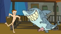 black_eyes blue_eyes evil_grin fang_(tdi) fang_(total_drama_island) fins gay grin human imminent_sex male_only naked naked_male orange_hair scared scott_(tdi) shark shark_tail shark_teeth sharp_teeth smile total_drama_island uncut