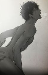 2boys anal anal_sex arm_grab blush breath completely_nude feiqiuxuan from_behind gay gintama greyscale hand_on_ass hijikata_toshiro implied_anal male male_only monochrome nude open_mouth profile solo_focus sweat yaoi