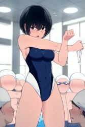 bathing_suit black_hair kemuri_haku original school_swimsuit short_hair swimming_pool