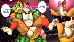 2022 2boys absurd_res alligator alligatorid animatronic anthro anus balls bara big_penis bodily_fluids boner bow_tie clothing crocodilian dialogue digital_media_(artwork) duo english_text erection five_nights_at_freddy's five_nights_at_freddy's:_security_breach fronty gay genital_fluids genitals glamrock_freddy_(fnaf) grin hat headgear headwear hi_res humanoid_genitalia humanoid_penis machine male male/male male_only mammal montgomery_gator_(fnaf) muscular muscular_anthro muscular_male nipples penis precum reptile robot scalie scottgames sharp_teeth smile speech_bubble teeth text ursid video_games zourik