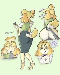 2d animal_crossing anthro bbravaa breasts feet fellatio flirting from_behind furry hand_on_penis isabelle_(animal_crossing) nintendo office_lady paizuri penis penis_between_breasts sex skirt sucking_penis tail tail_grab tiptoes