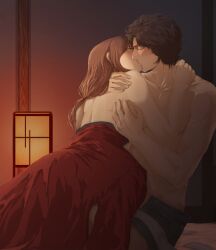 1boy 1girls akko_(artist) blush brown_hair closed_eyes embrace female gintama hi_res hug imminent_sex indoors intimate kissing lantern long_hair looking_at_another male muscular muscular_male mutsu_(gintama) nude nude_female romantic romantic_ambiance romantic_couple sakamoto_tatsuma saliva sweat tied_hair topless_male wholesome