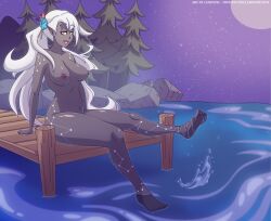 breasts drow elf elf_ears elf_female lemonpiensfw liliana_the_stars_druid long_hair nude nude_female oc original_character outdoors outside pointy_ears purple_skin solo solo_female splashing stars water white_hair yellow_eyes