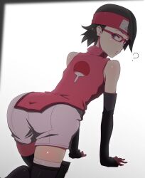 1girls ? all_fours arm_warmers armwear ass_focus back_view bare_shoulders bare_thighs bending_over bent_over big_ass black_eyes black_hair boruto:_naruto_next_generations bottom_heavy crawling dat_ass eyewear female female_only forehead_protector from_behind glasses headband konbari_tariumu konohagakure_symbol kunoichi large_ass leaning leaning_forward legwear long_hair looking_at_viewer looking_back matching_hair/eyes megane naruto naruto_(series) ninja parted_bangs petite petite_body presenting presenting_ass presenting_hindquarters rear_view red-framed_eyewear red-framed_glasses red-tinted_eyewear round_ass sarada_uchiha shirt short shorts sleeveless sleeveless_shirt small_body smaller_female solo solo_female solo_focus stockings teenage_girl teenager thick_ass thighhighs tight_clothes tight_clothing uchiha_symbol young younger_female