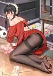 1girls all_fours ass ass_focus assassin au11 back back_view bare_shoulders black_hair black_legwear black_panties black_pantyhose blush casual cleaning clothing_cutout dress feet female full_body indoors lace-trimmed_panties legs legwear light-skinned_female light_skin no_shoes off-shoulder_sweater off_shoulder panties panties_under_pantyhose pantyhose pantyshot red_eyes revealing_clothes solo spill spy_x_family sweater thighband_pantyhose thighs thorn_princess toes underwear water wiping yor_briar yor_forger