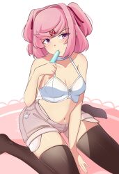 1girls bare_arms bare_midriff bare_shoulders black_thighhighs blush blush_lines bra cleavage clothed clothed_female doki_doki_literature_club female female_only food_play hair hair_ribbon half-closed_eyes half-dressed hand_between_legs icicle legs_apart narrowed_eyes natsuki_(doki_doki_literature_club) navel navel_line pink_eyes pink_hair pink_shorts popsicle popsicle_melting raionart red_ribbon seductive seductive_eyes seductive_look short_hair short_shorts shorts sitting small_breasts solo sucking sucking_popsicle sweat sweatdrop sweating sweaty sweaty_body sweaty_breasts sweaty_legs sweaty_thighs thick_thighs thighhighs thighs white_bra