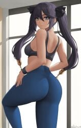 1girls 2022 artist_signature ass black_hair breasts female female_only genshin_impact green_eyes hips huge_ass indoors large_breasts long_hair looking_at_viewer mona_(genshin_impact) slim_waist sports_bra sportswear thick_thighs thighs tight_clothing wide_hips yoga_pants zaphn