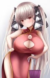 azur_lane bangs big_breasts blonde_female blonde_hair blush boob_window china_dress chinese_clothes cleavage cosplay dress female female_only formidable_(azur_lane) gintama hair_ribbon hand_on_hip huge_breasts kagura_(gintama) kagura_(gintama)_(cosplay) looking_at_viewer platinum_blonde_hair red_dress red_eyes side_slit silver_hair sleeping smile solo straining_buttons tight_clothing twintails umbrella voice_actor_connection