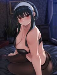 assassin black_hair bra female hairband milf moisture_(chichi) pantyhose red_eyes sitting_on_bed solo spy_x_family thong thorn_princess yor_briar yor_forger