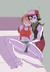 1boy 1girls android anus bed blonde_female blonde_hair canon_panties cave_story closed_eyes clothed_male curly's_panties curly_brace doukutsu_monogatari fingering_partner formerly legs_apart long_hair no_pants pale_skin panties_aside pussy quote_(cave_story) robot robot_girl somnophilia tagme tank_top