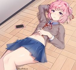 1girls bare_legs bare_midriff bare_thighs blazer blue_skirt blush blush_lines breasts clothed doki_doki_literature_club earbuds exposing female female_focus female_only flat_belly hair_ribbon hands_behind_head headphones knee_up legs light-skinned_female light_skin lying_on_back lying_on_floor miniskirt natatheknife natsuki_(doki_doki_literature_club) navel navel_line open_eyes open_mouth petite petite_body petite_female phone pink_eyes pink_hair pulling_up_shirt red_ribbon relaxing shiny_skin shirt_lift short_hair short_skirt skirt slim slim_waist small_breasts smooth_skin solo thick_thighs thighs toned_legs toned_stomach unbuttoned_shirt undressing