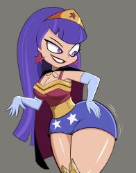 1girls ass big_ass big_breasts big_butt cartoon_network cleavage cosplay dc dc_comics dc_super_hero_girls earrings female female_only gloves hair_ornament long_hair looking_back purple_eyes purple_hair smile solo spakka5 thick thick_thighs thunder_thighs tiara warner_brothers wide_hips wonder_woman_(cosplay) zee_zatara