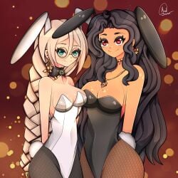 2girls aia_amare black_hair blonde_female breasts bunny_girl bunnysuit female female_only huge_breasts long_hair nijisanji nijisanji_en scarle_yonaguni virtual_youtuber white_hair