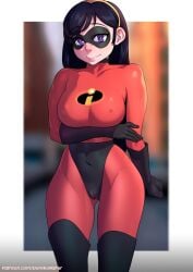 1girls armwear big_breasts black_gloves black_hair black_thigh_boots black_thighhighs breasts cameltoe disney doreko erect_nipples eye_mask female female_only gloves hair long_hair mask pixar purple_eyes red_outfit smooth_skin solo solo_female superheroine the_incredibles thick_thighs thigh_boots thighs violet_parr white_background