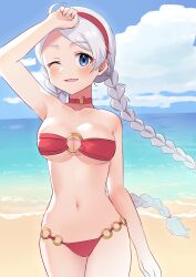 1girls absurdres ahoge alternate_costume arm_up bangs bare_shoulders beach bikini blue_eyes braid breasts choker cloud cloudy_sky commission female female female_only fire_emblem fire_emblem_fates grey_hair hairband highres long_hair looking_at_viewer low_twintails medium_breasts navel nina_(fire_emblem) nintendo o-ring o-ring_bikini o-ring_bottom o-ring_choker o-ring_top ocean one_eye_closed open_mouth parted_bangs red_bikini red_hairband red_swimsuit sand skeb_commission sky smile solo swimsuit tnd(tenndo) twin_braids twintails upper_body