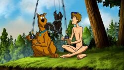 2boys anthro boot brown_fur brown_hair canine crossed_eyes crossed_legs dog_collar domestic_dog duo edit edited editfag facial_hair fishing fishing_pole flaccid forest_background genitals great_dane interspecies male male/male male_only naked no_pubic_hair no_sex nude nude_male penis scooby-doo scooby-doo_(character) screencap screenshot screenshot_edit shaggy_rogers skinny_male spread_legs sunglasses_on_forehead uncut water_dripping