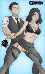 1boy1girl balls_deep biting_lip black_clothing black_hair black_lips blush bra clothed_male clothed_sex eye_scar eyes_crossed fortnite garter_belt gold_(metal) gold_eye gold_penis goldennthorn grabbing_wrists lingerie looking_pleasured male/female marigold_(fortnite) midas_(fortnite) panties_down partially_clothed partially_clothed_female pleasure_face scar selfcest skirt_lift standing_sex stockings straight suit tattoos vaginal_penetration white_eye