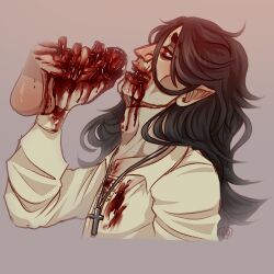 black_hair blood bloody_clothes blowjob dead_cricket gore long_hair male male_only oc original_character pale_skin sharp_fingernails sharp_teeth sucking teeth vampire