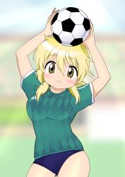 arms_up ball blonde_hair blush buruma dard_drak female hidamari_sketch long_hair looking_at_viewer miyako palmeiras smile soccer soccer_ball soccer_uniform solo sportswear