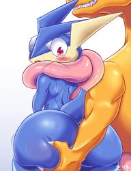 2022 ambiguous/ambiguous ambiguous_gender anthro anthro_on_anthro ass big_ass big_butt blue_body blush bodily_fluids butt_grab charizard duo greninja hand_in_ass hand_on_butt hi_res huge_butt morito_(artist) nintendo nude pokémon_(species) pokemon pokemon_(species) sweat sweatdrop video_games