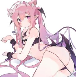 absurdres ahoge animal_ear_fluff animal_ears armpit_crease ass bangs bare_shoulders bikini black_horns black_tail blush breasts cat_ears cat_girl closed_mouth collarbone demon demon_girl demon_horns demon_tail demon_wings dot_mouth dot_nose extra_ears female frilled_bikini frilled_bracelet frills from_behind gradient_hair hair_between_eyes highres horns long_hair looking_at_viewer looking_back lying micro_bikini multicolored_hair o_(jshn3457) on_side original paw_pose pink_hair pointy_ears purple_hair purple_wings revealing_clothes shadow sidelocks simple_background small_breasts solo succubus swimsuit tail twintails two-tone_hair very_long_hair white_background wings