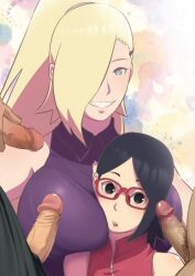 blush boruto:_naruto_next_generations breasts censored cleavage cute edit eeshin_(eishin5584) erection female group huge_breasts human ino_yamanaka male naruto penis sarada_uchiha unseen_male_face