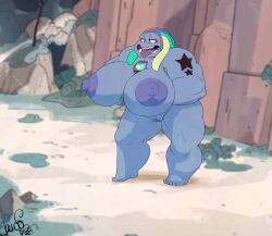 1girls ber00 bismuth_(steven_universe) cartoon_network completely_nude female female_only gem_(species) grabbing_own_breast heart-shaped_pupils huge_breasts light_blue_skin multicolored_hair muscles muscular_arms muscular_legs muscular_thighs nude nude_female plump_labia pussy solo steven_universe wide_hips