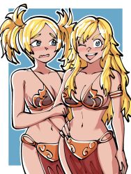 2girls ;d armlet armor bangs bare_arms bare_legs bare_midriff bare_shoulders bare_thighs belly_button bikini bikini_armor bikini_top blonde_female blonde_hair blue_eyes blush blush_lines blushing_at_viewer bracelet breasts brown_bikini_top cleavage collarbone cosplay embarrassed english_commentary family female female_only fingernails fire_emblem fire_emblem_awakening fire_emblem_fates furrowed_brow gold_bracelet grandmother_and_granddaughter hand_on_hip highres light-skinned_female light_skin lissa_(fire_emblem) loincloth long_blonde_hair long_hair looking_at_another looking_at_viewer medium_breasts metal_bikini midriff mnejing multiple_girls navel nintendo nose_blush one_eye_closed open_mouth ophelia_(fire_emblem) outline parted_bangs ponytail red_loincloth sex_slave short_hair shoulder_breasts sideboob slave slave_bikini slave_leia_(cosplay) slave_outfit slavegirl slaves star_wars thick_hair twintails unwilling_slave wavy_mouth white_outline wink winking_at_viewer