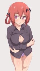 :o bad_id bad_pixiv_id black_shirt blush breast_hold breasts cleavage collared_shirt crossed_arms demon_girl female gabriel_dropout hair_ornament highres kurumizawa_satanichia_mcdowell large_breasts long_sleeves looking_at_viewer nyaroon onidere open_mouth panties purple_eyes red_hair satanichia_kurumizawa_mcdowell shirt simple_background solo standing striped striped_panties sweatdrop unbuttoned unbuttoned_shirt underwear white_background