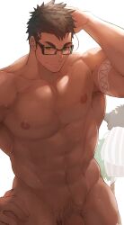 1boy abs another_eidos-r another_eidos_of_dragon_vein_r arm_behind_head arm_tattoo armpit_hair bara black_hair crow_(siranui) facial_hair glasses highres large_pectorals male male_focus male_only male_pubic_hair muscular muscular_male navel nipples pectorals penis pius_(another_eidos) pubic_hair short_hair solo solo_male stubble tattoo