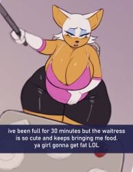 1girls anthro ass bbw big_ass big_breasts breasts chubby cleavage clothed clothing english_text fat fat_ass female female_focus female_only fur furry furry_only gelatingent huge_ass huge_thighs large_breasts overweight overweight_female rouge_the_bat solo sonic_(series) text thick_ass thick_thighs