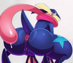 alternate_color amphibian animated anthro anus ass big_ass big_butt blush bodily_fluids bubble_butt crouching female female_only genitals greninja long_tongue looking_at_viewer looking_back membrane_(anatomy) nintendo plump_labia pokémon_(species) pokemon pokemon_(species) presenting presenting_anus presenting_hindquarters presenting_pussy puffy_anus puffy_pussy pussy red_eyes saliva smile solo solo_female sssonic2 tongue tongue_out video_games webbed_hands