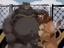 anthro belly ben_(zenless_zone_zero) ben_bigger big_penis brown_bear brown_body brown_fur censored duo eye_scar facial_scar felid fur genitals grizzly_bear gunso_p hi_res holding_penis licking lion male male/male male_only mammal masturbation mihoyo nipple_fetish nipple_lick nipple_play nipples pantherine penis ross_(rossciaco) scar tongue tongue_out ursid ursine zenless_zone_zero