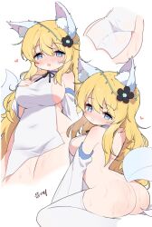 animal_ear_fluff animal_ears ass bangs black_flower blue_eyes blush breasts cum cum_on_breasts cum_on_thighs detached_sleeves dress female flower fox_ears fox_girl fox_tail hair_between_eyes hand_on_own_chest heart highres large_breasts long_hair mg_pong multiple_views nose_blush oerba_yun_fang original parted_lips pelvic_curtain simple_background sleeveless sleeveless_dress tail thighhighs very_long_hair wet white_background white_dress white_thighhighs