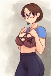 1girls big_breasts black_bra blue_legwear bra breasts brown_eyes brown_hair character_request clothing copyright_request female glasses raichiyo33 shirt shirt_lift shirt_pull shirt_up short_hair