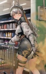 arknights ass blush corpsmanwelt fart fart_cloud fart_fetish fartooth_(arknights) grey_hair pencil_skirt skirt store yellow_eyes