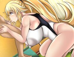 1boy 1girls blonde_hair blue_eyes fate/grand_order fate_(series) fellatio huge_breasts jeanne_d'arc_(fate) jeanne_d'arc_(swimsuit_archer) large_breasts long_hair nipples_visible_through_clothing ponytail swimsuit white_swimsuit