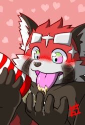 2022 ailurid anthro black_body black_nose blush bodily_fluids cum genital_fluids heart humanoid_hands katazaki kemono lifewonders male mammal red_body red_panda sex_toy slightly_chubby solo tokyo_afterschool_summoners tongue tongue_out video_games zhurong_(tokyo_afterschool_summoners)