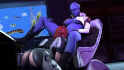 2girls 3d alien alien_girl aria_t'loak asari ass blue_skin boots commander_shepard cunnilingus dat_ass desk female female_only femdom femshep half-dressed human interspecies lesbian mass_effect ripped_clothes ripped_clothing source_filmmaker tagme torn_clothes yuri