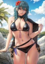 1girls 2020s 2021 absurd_res absurdres alternate_costume artist_name artist_signature ass_visible_through_thighs bangs_between_eyes big_breasts bikini black_bikini black_cape black_choker black_clothing black_swimsuit blue_eyes blue_hair blue_sky breasts byleth_(fire_emblem) byleth_(fire_emblem)_(female) byleth_(summer)_(fire_emblem)_(female) cape chain_necklace chains choker closed_mouth commentary dagger day english_commentary female female_only fire_emblem fire_emblem:_three_houses fire_emblem_heroes flower flower_in_hair hair hair_between_eyes hair_flower hair_ornament hartman_hips hi_res high_resolution highres hourglass_figure knife lake large_breasts leaning leaning_on_object leaning_on_rock lips looking_at_viewer medium_hair navel nintendo official_alternate_costume outdoors palm_tree pinup ribbon rock sciamano240 sky smile smiling_at_viewer solo stomach summer swimsuit thigh_gap thighs tree water weapon white_skin white_skinned_female wide_hips wrist_ribbon