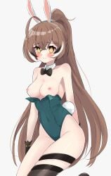 1girls absurdres ahoge animal_ears arms_at_sides arms_behind_back bangs bare_shoulders blush bow bowtie breasts breasts_out brown_hair bunny_ears cleavage closed_mouth collarbone covered_navel cowboy_shot crossed_bangs detached_collar empty_eyes fake_animal_ears fake_tail female gloves green_leotard hair_between_eyes hair_ornament hairclip highleg highleg_leotard highres hololive hololive_english hololive_english_-council- hololive_english_-promise- leotard long_hair looking_at_viewer magui3 medium_breasts multicolored_hair nanashi_mumei nervous nervous_smile nipples playboy_bunny ponytail rabbit_ears rabbit_tail simple_background single_thighhigh solo solo_female strapless strapless_leotard streaked_hair sweatdrop tail thigh_strap thighhighs topless traditional_bowtie very_long_hair virtual_youtuber yellow_eyes