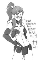 1girls 2014 alternate_costume arm_gloves arm_sleeves artist_request artist_signature avatar_legends black_and_white cleavage colorless confident covered_nipples crossover dialogue english_text female female_focus female_only functionally_nude functionally_nude_female glasses gloves implied_nudity inuit kill_la_kill korra looking_at_viewer looking_over_eyewear looking_over_glasses looking_over_sunglasses medium_breasts navel nudist_beach_uniform ponytail smile smiling smiling_at_viewer solo suggestive sunglasses text the_avatar the_legend_of_korra tinted_eyewear tomboy twintails underboob water_tribe white_background